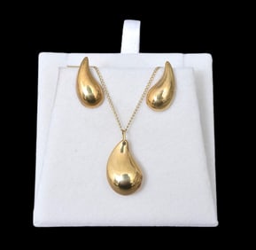 14K Yellow Gold Necklace with Teardrop Pendant and Matching Earrings