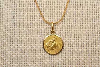 18K Yellow Gold Italian St. Anthony Medal and 14K S Chain