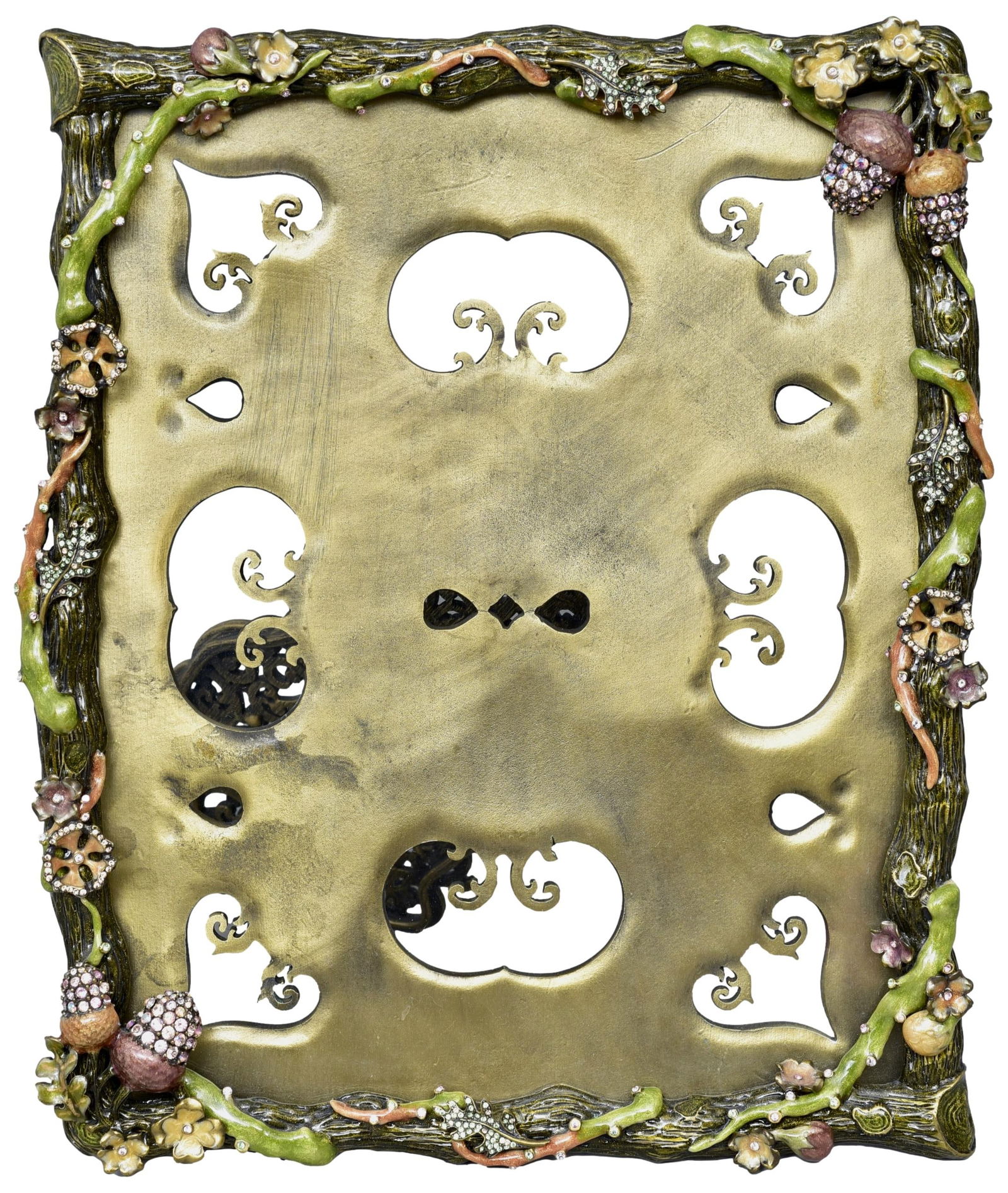 Jay Strongwater Frame: RARE Jay Strongwater Darjeeling Acorn Leaf Flora Fauna Crystal Photo Frame Dimensions: 8 3/4”W x 10 3/4”H Holds an 8 x 10 photo The Arts Auction House offers local delivery to Manhattan, C