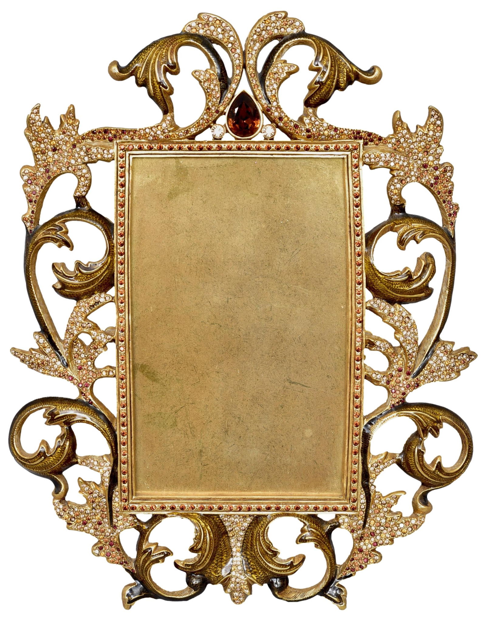 Jay Strongwater Jeweled Picture Frame: Dimensions: 8”W x 10”H Holds a 4 x 6 photo Picture frame by Jay Strongwater with an ornate gold tone border of scrolling leaves, set with amber and honey colored stones and topped with a l