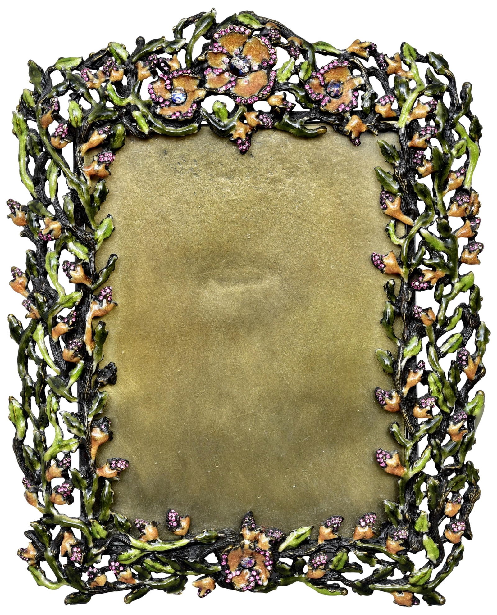 JAY STRONGWATER TWIG & FLOWER PICTURE FRAME: Dimensions: 6 1/2"W x 8"H. The interior photo space is 4 1/4"W x 5 1/2"H. The Arts Auction House offers local delivery to Manhattan, Connecticut and Westchester for most items excluding very large fur