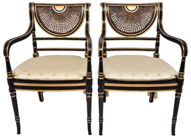 Pair of Regency Style Ebonized Caned Back Armchairs