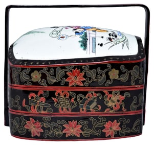 Chinese Antique Lacquered Stacking Box with Hand Painted Porcelain Panel