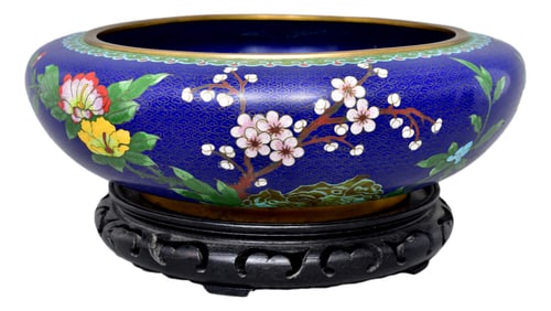 Chinese Cloisonné Brass Bowl with Carved Wood Stand