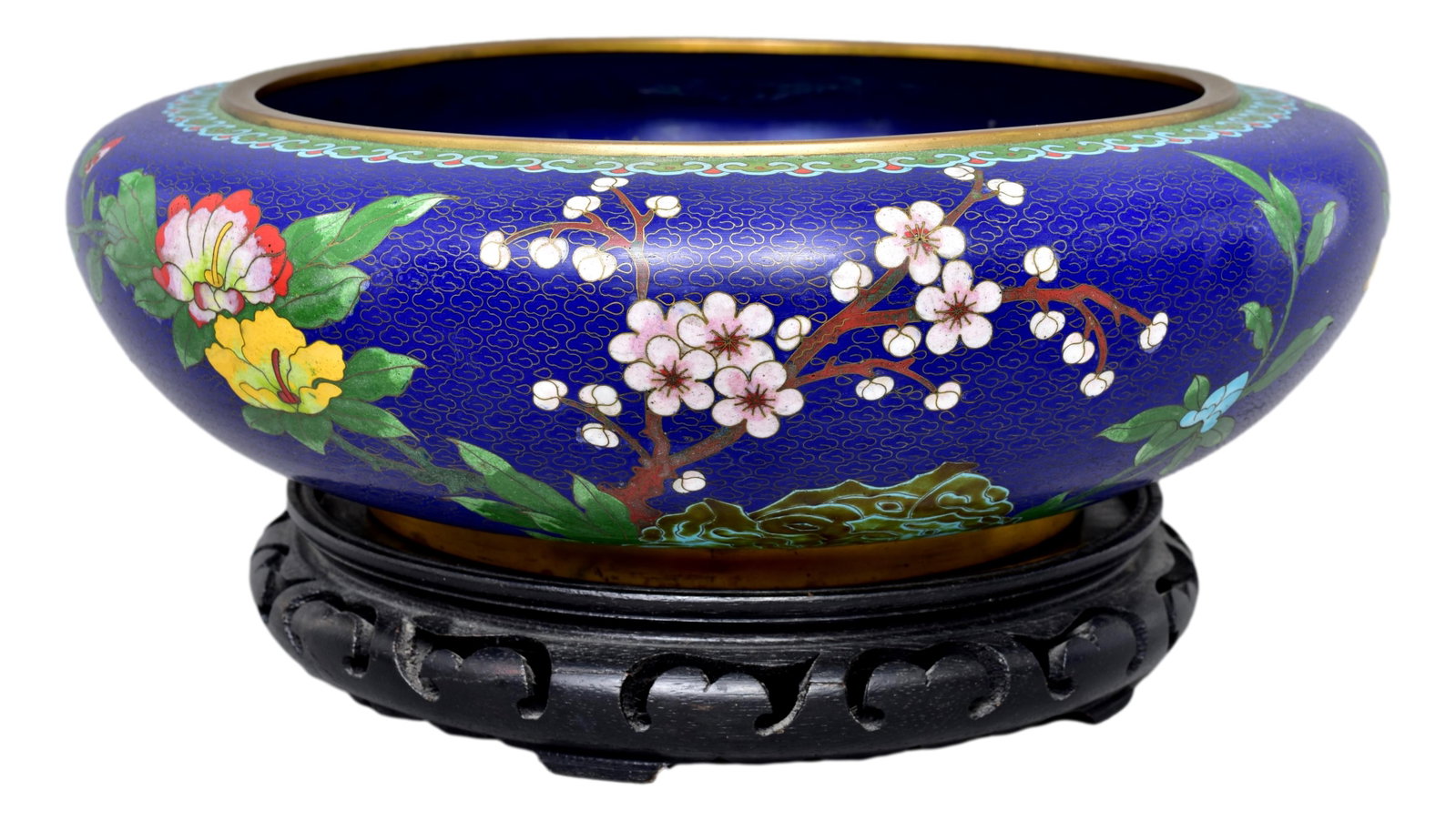 Chinese Cloisonné Brass Bowl with Carved Wood Stand: Bowl: 15”Diam. x 5”H Stand: 5”Diam. The Arts Auction House offers local delivery to Manhattan, Connecticut and Westchester for most items excluding very large furniture. For a price 