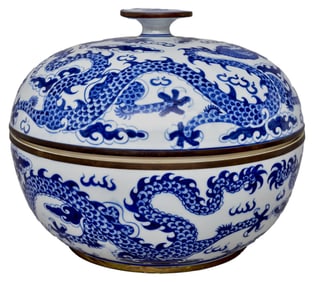 A Chinese Blue And White Dragon Bowl With Lid