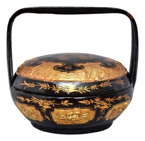 Chinese Black Lacquer Gilt Wedding Basket