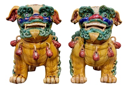 Pair Of Chinese Glazed Porcelain Foo Dog Incense Burners