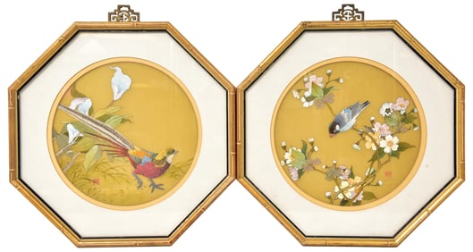Pair of Framed Chinese Bird Watercolors