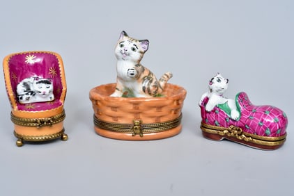 Three Limoges Porcelain Cat Trinket Boxes