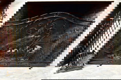 Jan Barbaglio Iron Fireplace Screen and Brass Fireplace Tool Set