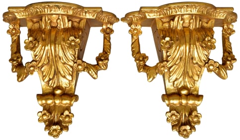 Pair of Rococo-Style Carved Wood Gold Leaf Wall Bracket Shelves