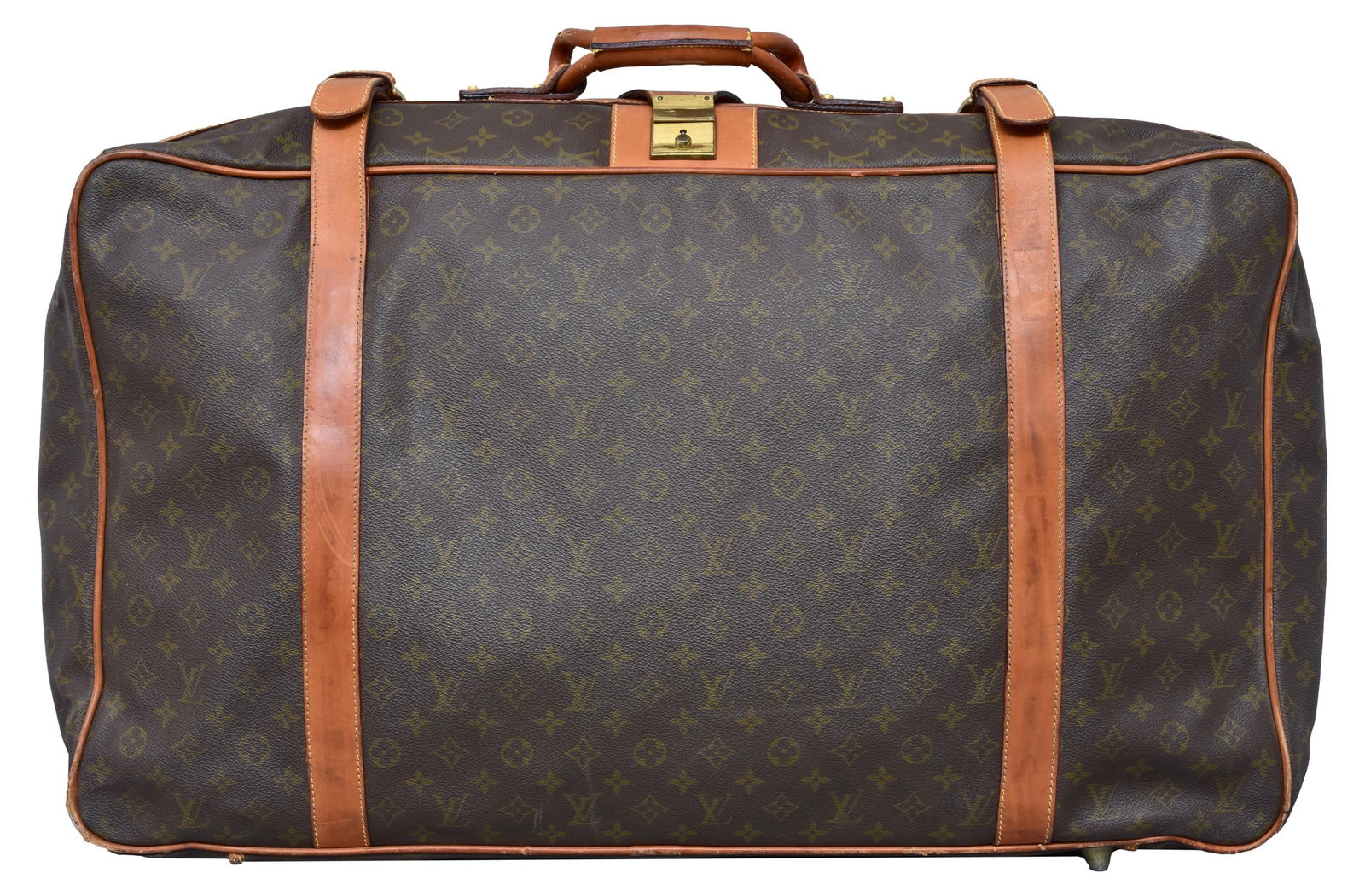 Vintage Louis Vuitton Double Strap Monogram Leather Suitcase: Dimensions: 28 1/2”W x 6”D x 22 1/2”H The Arts Auction House offers local delivery to Manhattan, Connecticut and Westchester for most items excluding very large furniture. For a pric