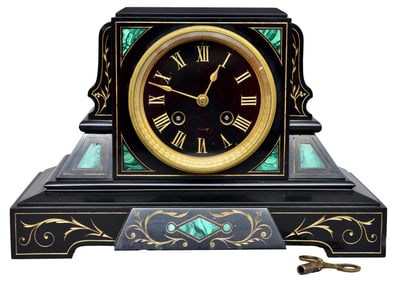 Late 19th Century French Black Marble and Malachite Mantel Clock