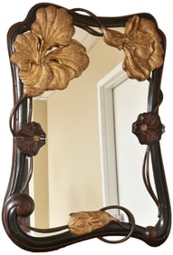 Art Nouveau Mahogany Mirror with Hand Carved Lotus Flowers