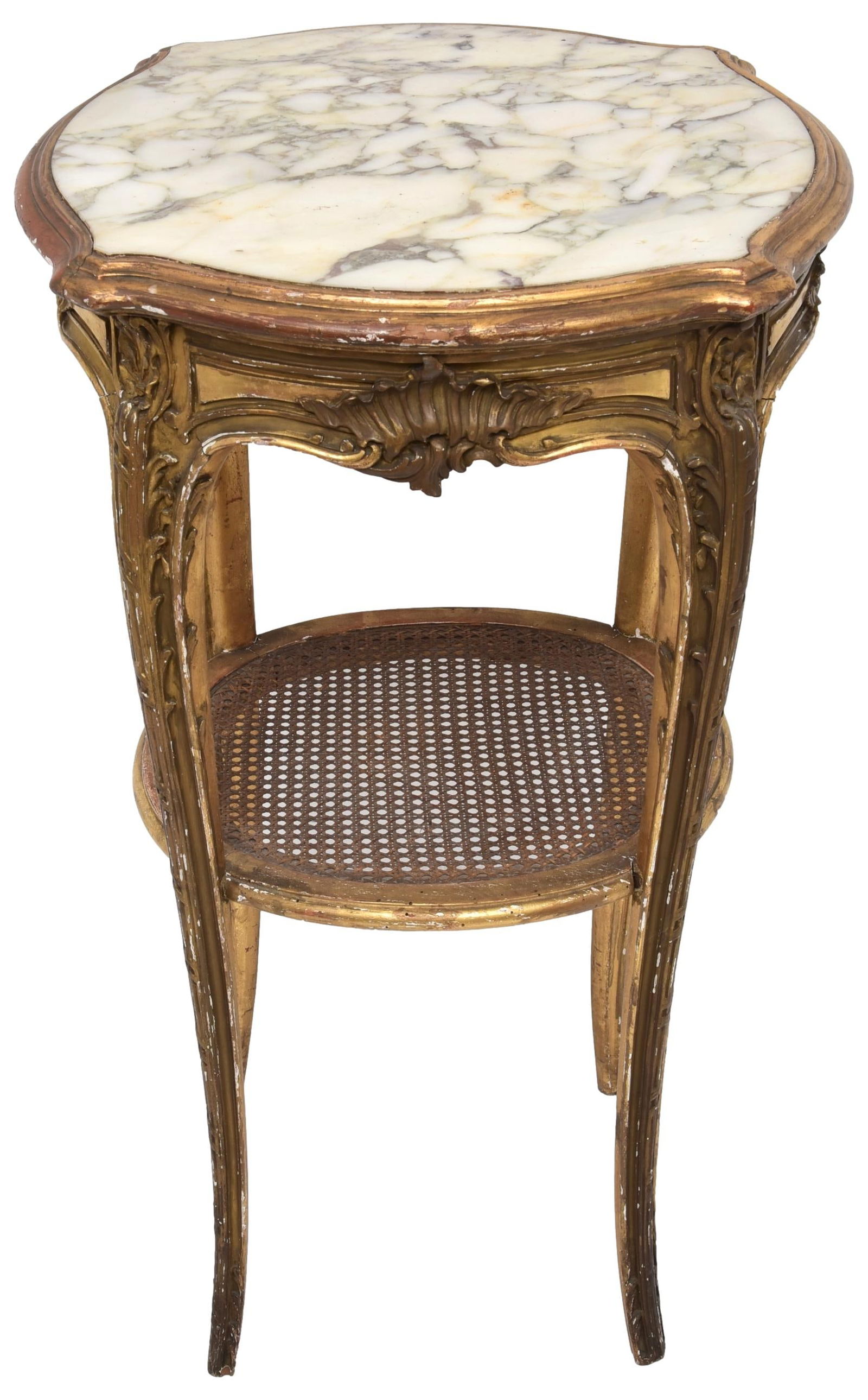French Louis XVI Style Gilt and Gesso Marble Top Side: Dimensions: 17 1/4”W x 17 1/4”D x 29 1/2”H The Arts Auction House offers local delivery to Manhattan, Connecticut and Westchester for most items excluding very large furniture. For a