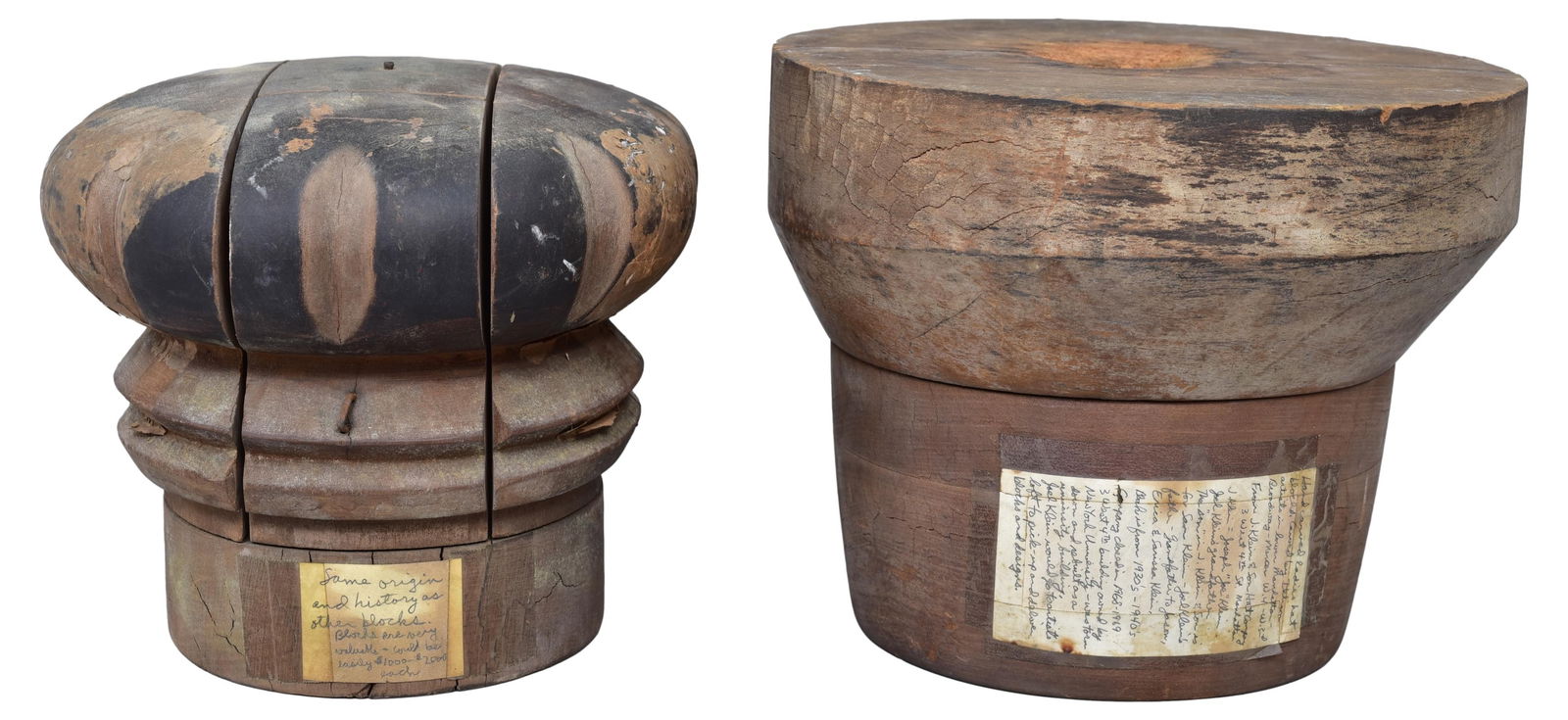 1930’s Hand Chiseled Hat Blocks: Largest measures 9 1/2”Diam. x 7 5/8”H Pair of hand carved ladies hat blocks carved by Italian artists in lower Manhattan.The Arts Auction House offers local delivery to Manhattan, Connect