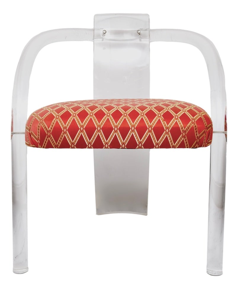 Attributed to Charles Hollis Jones Lucite Chair: Dimensions: 29 1/2”H x 24”W x 19”D - Floor to seat: 18”H Molded tubular armchairs with curved back panel in Lucite. Elegant and simple tri-leg form. Upholstery has been updated