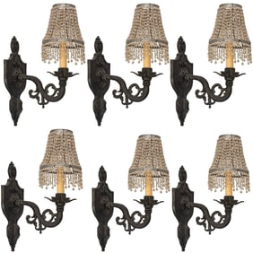 Set of Six Cast Metal Wall Sconces with Beaded Shades