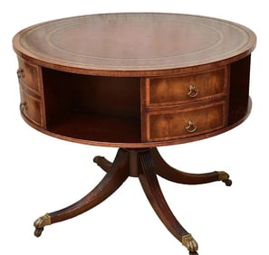 Antique Leather Top Mahogany Revolving Library Drum Table