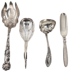 Georg Jensen Pea Pod Spoon, Georg Jensen Cactus Cheese Scoop, Sterling Ladle and Fork