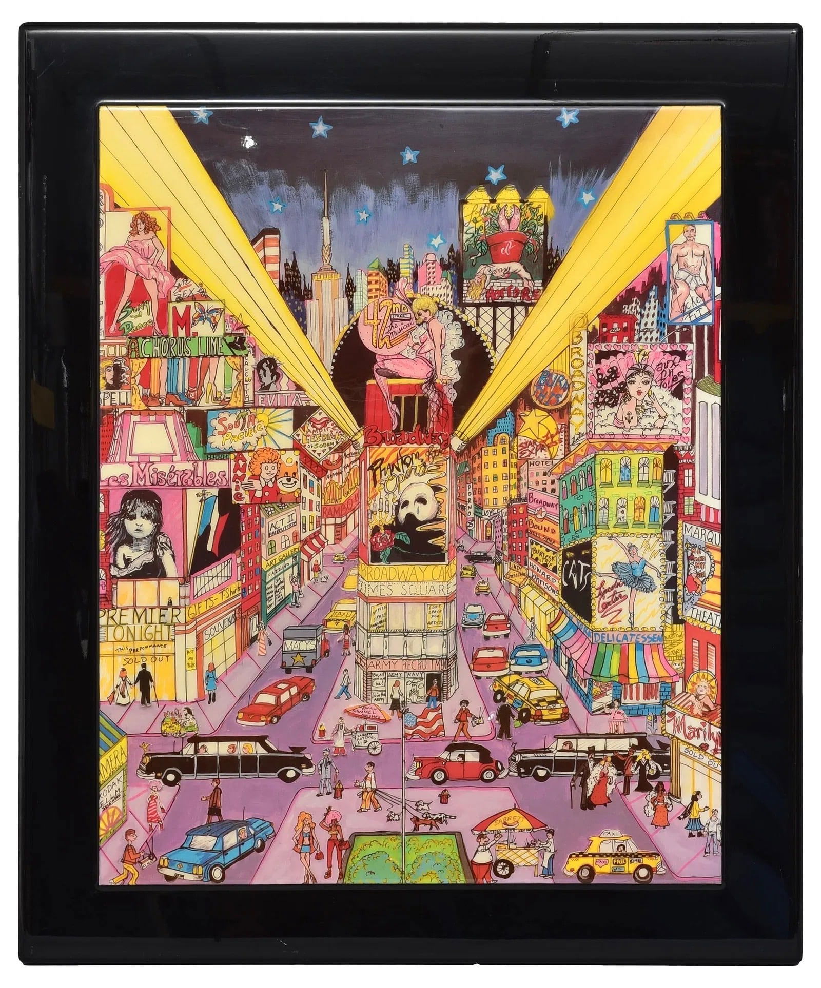 Charles Fazzino Times Square NYC Postmodern Acrylic Print: Dimensions: 34 3/4"H x 24 3/4”W Postmodern acrylic print of Times Square in New York City by New-York pop artist Charles Fazzino in the 1980s depicting a highly detailed view of the many billboa