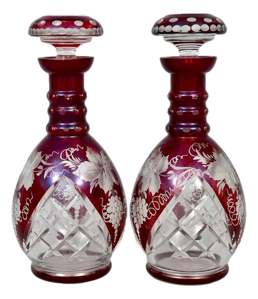 Antique Bohemian Cranberry Cut-to-Clear Etched Glass Decanters (1 of 6)