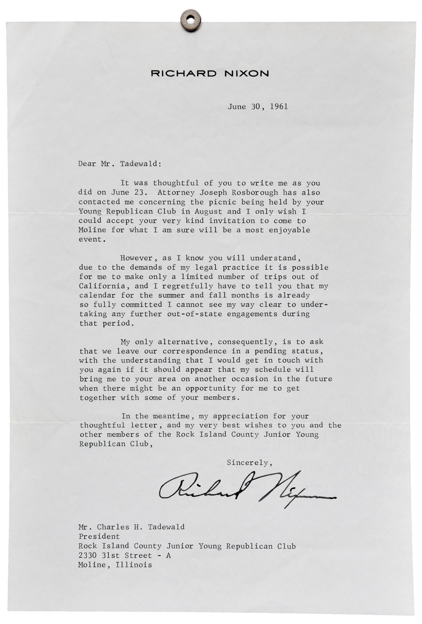Hand Signed 1961 Richard Nixon Political Letter, Post–Vice Presidency Era (1 of 3)