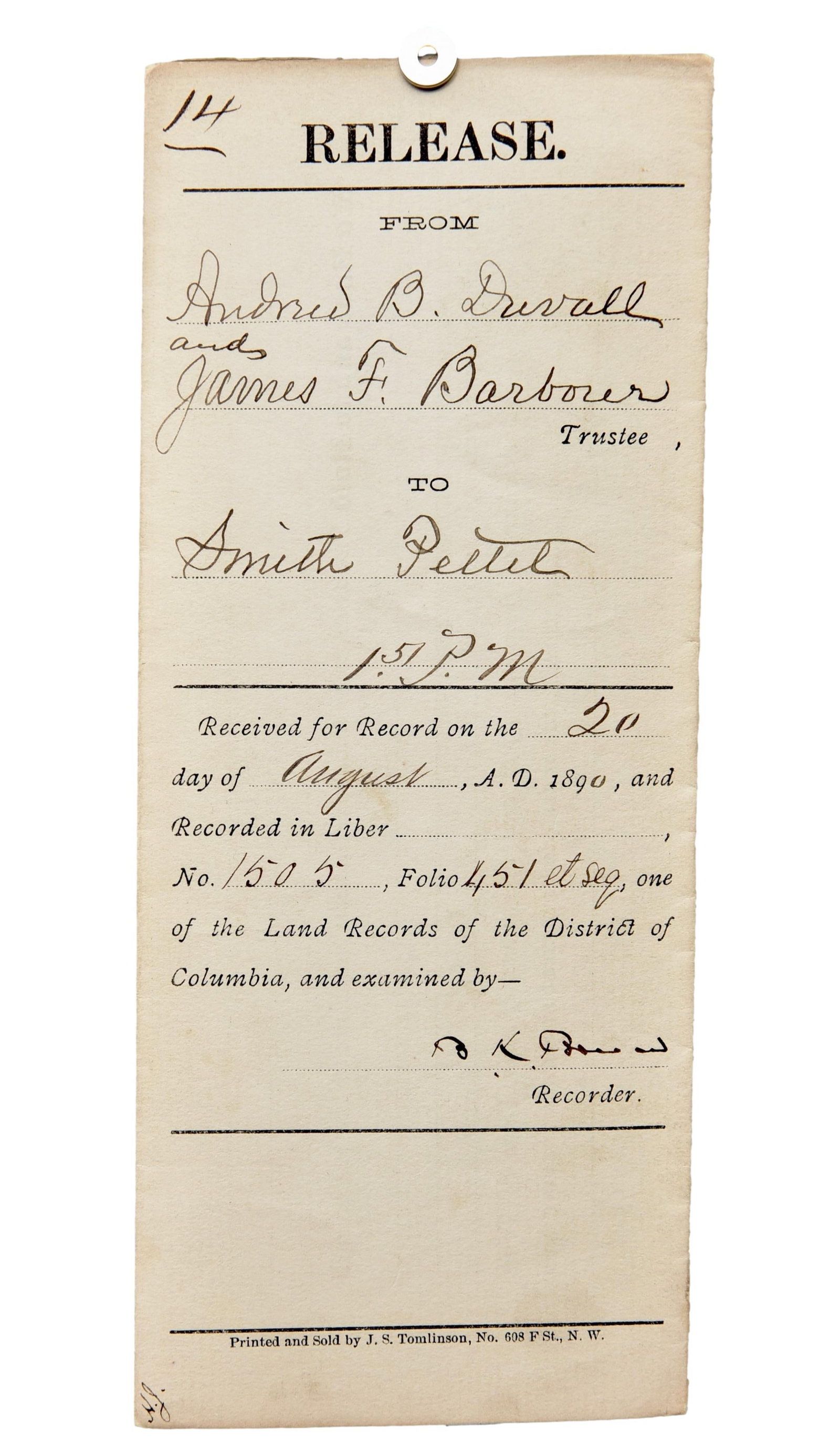 Bruce Blanche Signed Deed Dated 1890: Document signed by Bruce, Blanche K. Washington, DC in 1890. A deed SIGNED by Bruce as Recorder of Deeds, a position appointed to him by President Benjamin Harrison replacing Frederick Douglass. Bruce