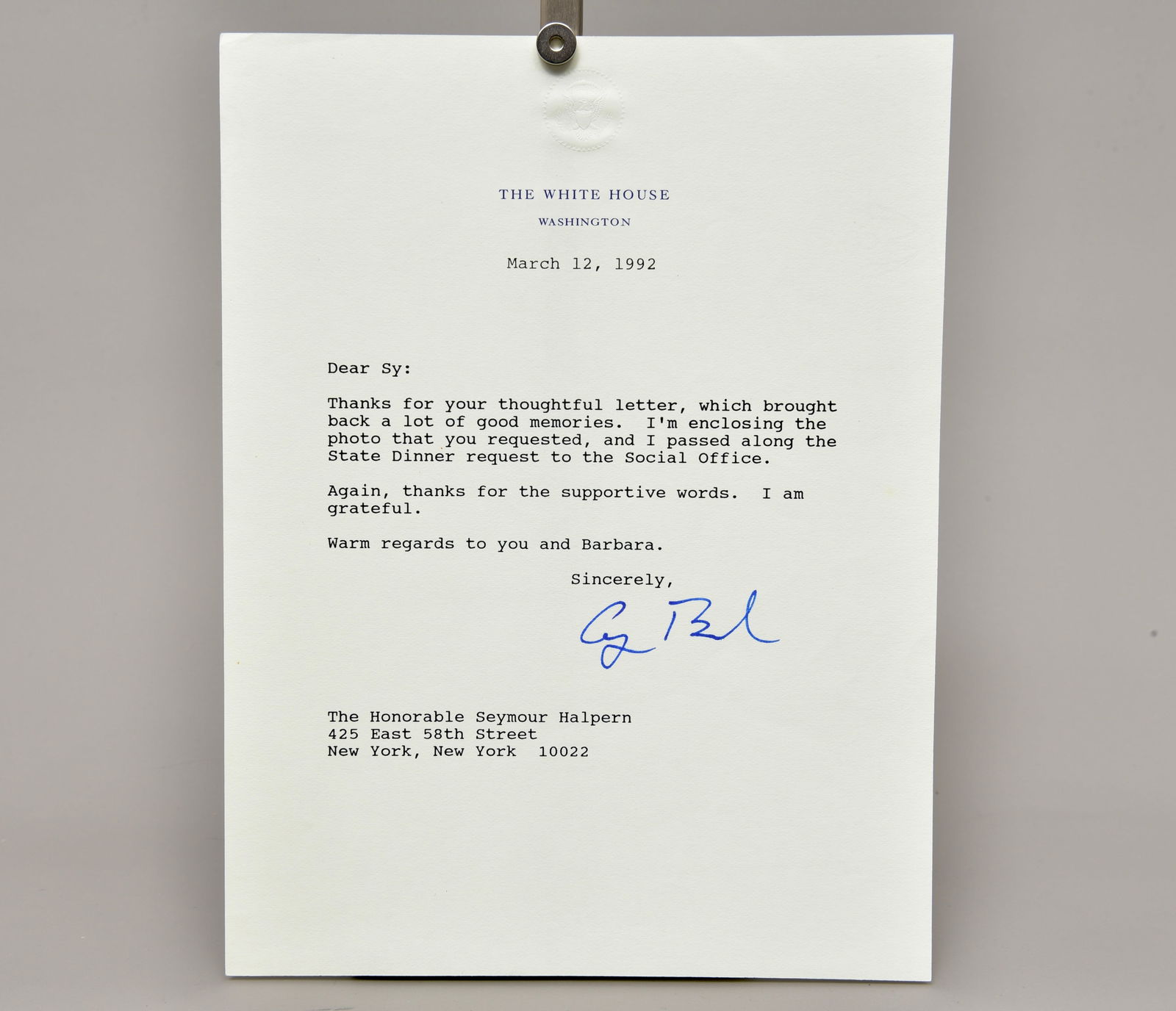 George Bush Signed Letter On White House Letterhead Dated March 12, 1992 (1 of 4)