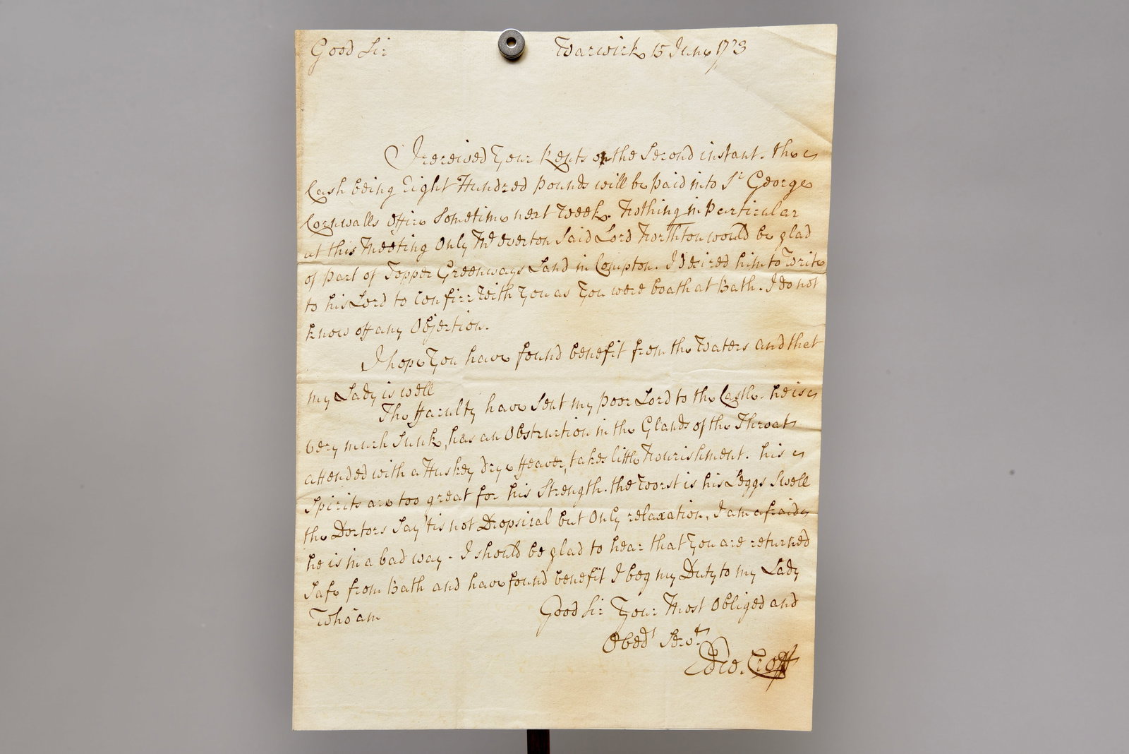 Letter Dated 1773 From Warwick Castle Lord Northton and Sir George Cornwall (1 of 6)