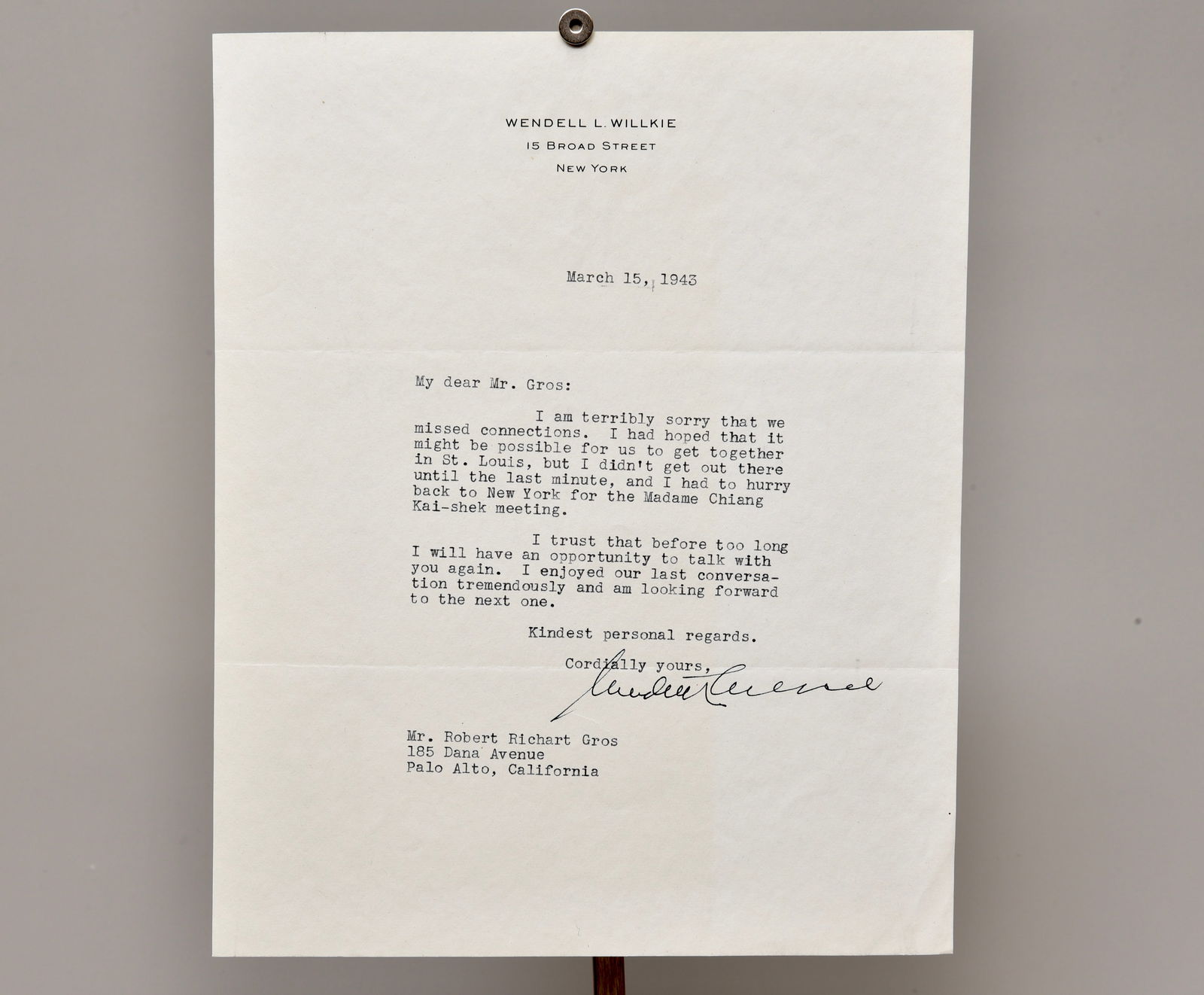 Signed Wendell Willkie Letter Dated March 1943 (1 of 3)