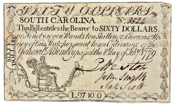 1779 $60 South Carolina Colonial Note: A Revolutionary War South Carolina note with AU obverse dated February 8, 1779, issued by authority of the General Assembly during one of the most turbulent periods of the American Revolution. This