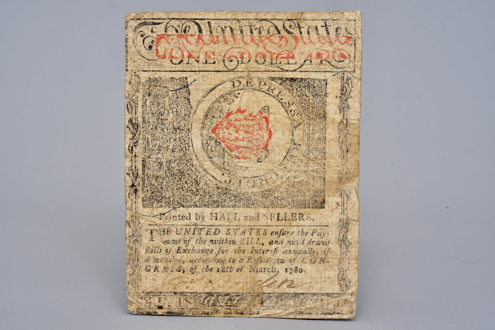 1780 Continental Currency One Dollar Note, David Brearley Signer: DAVID BREARLEY (1745-1790), Signer of the U.S. Constitution, hand signed “D. Brearley" and dated June 9, 1780. Issued by the United States during the Revolutionary War, this Continental Currency