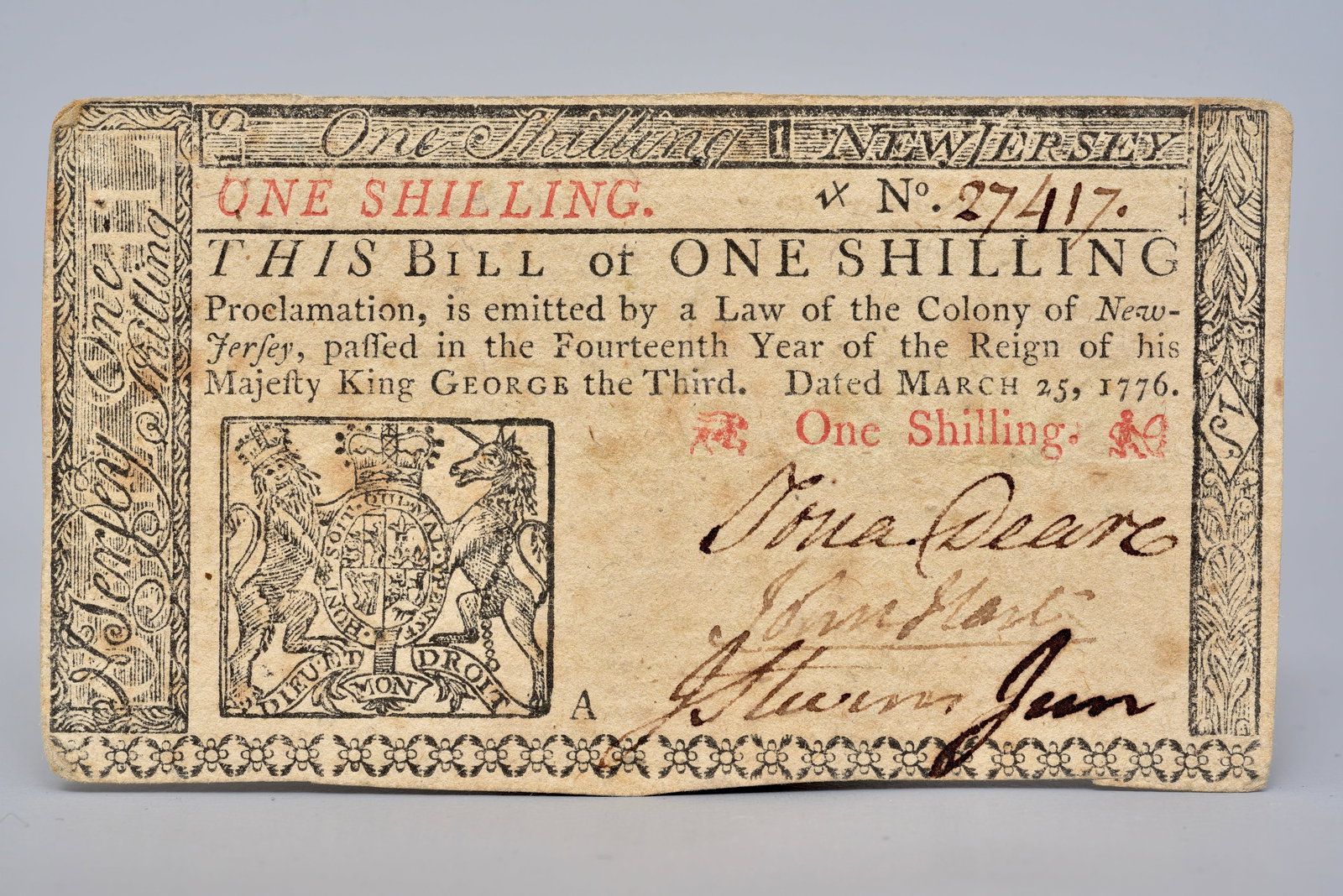 1776 New Jersey One Shilling Colonial Note Signed by John Hart (1 of 3)