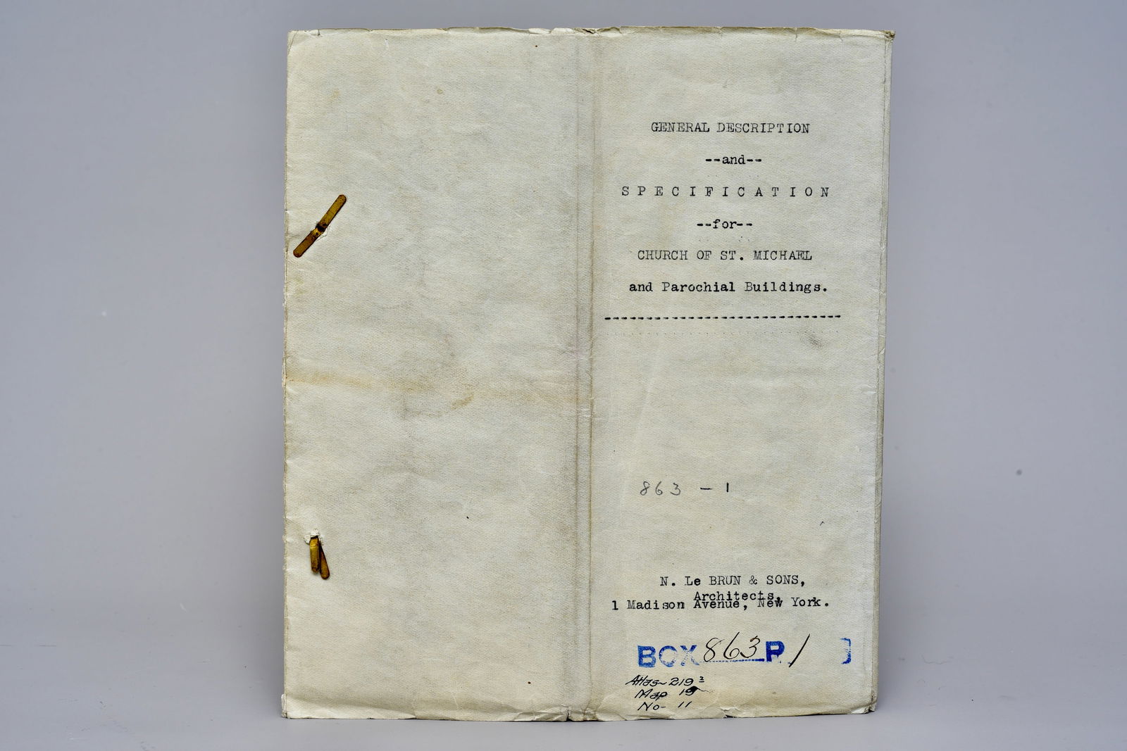 1905 Church of St. Michael New York Architectural Specifications: Rare original building specifications for the Church of St. Michael in New York from 1905. This included the church, rectory, vestry, convent, and parochial school which which was to be built on the