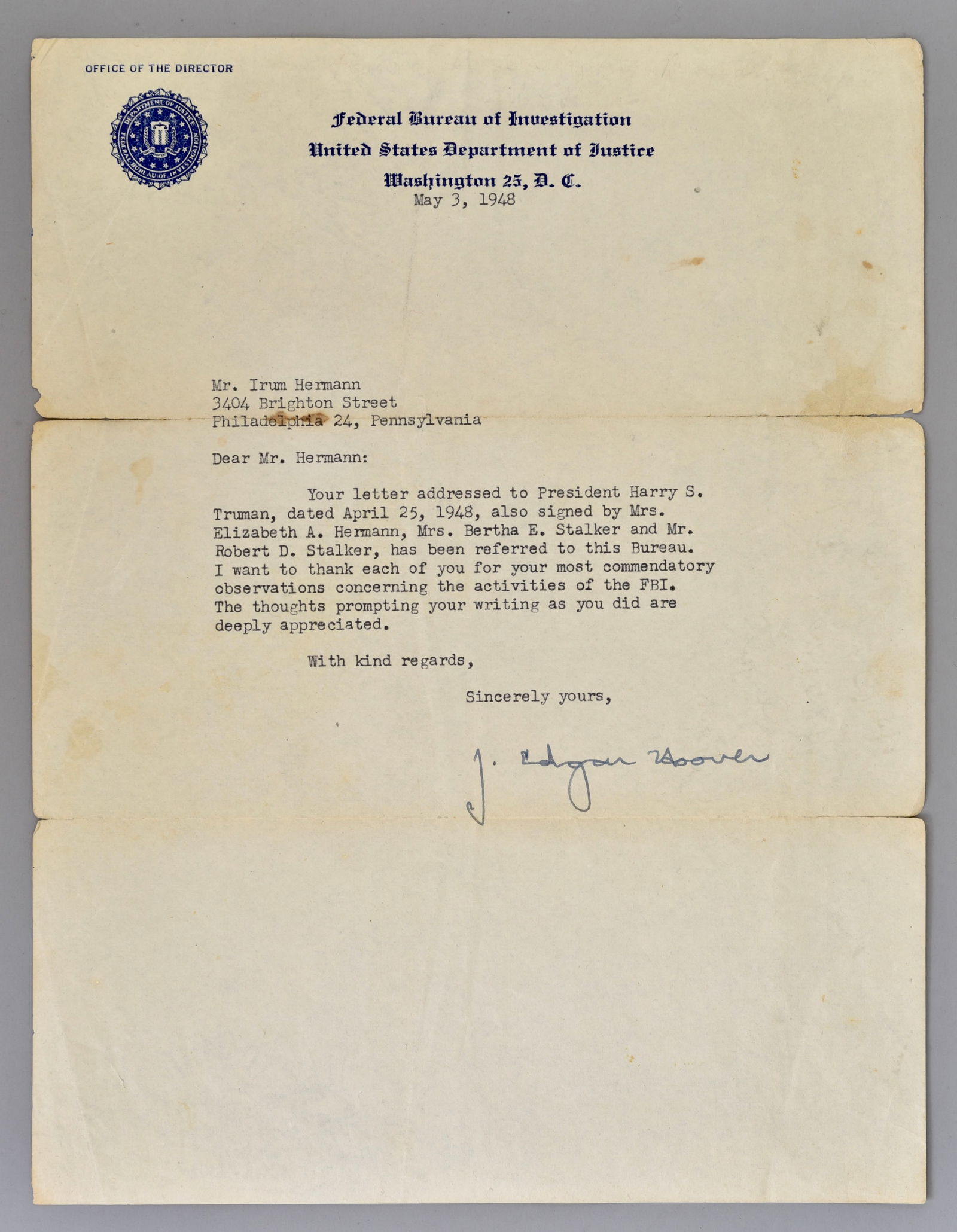 J. Edgar Hoover Signed FBI Letter Dated 1948 (1 of 7)