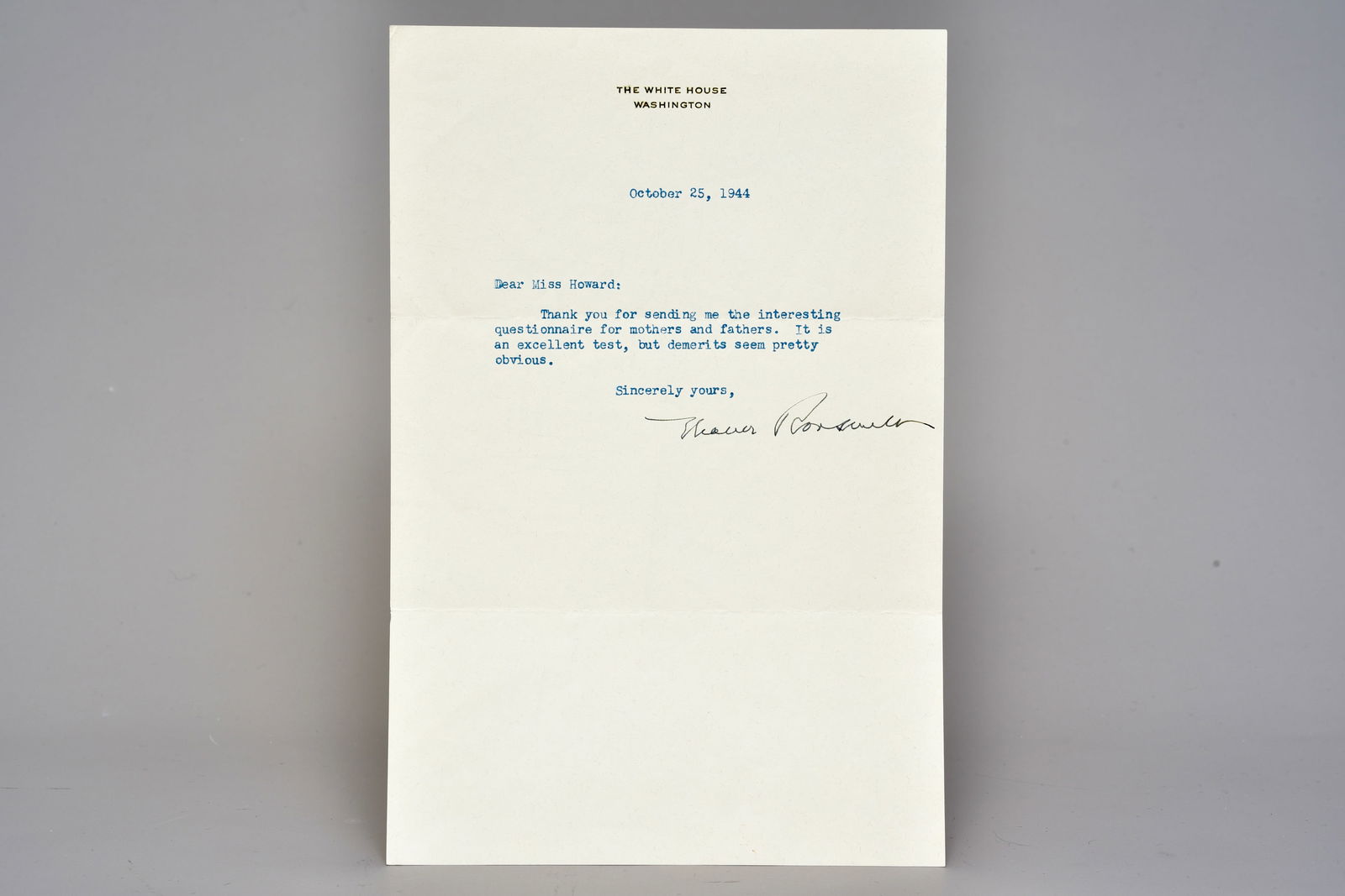Eleanor Roosevelt Signed White House Letter Dated October 25, 1944 (1 of 4)