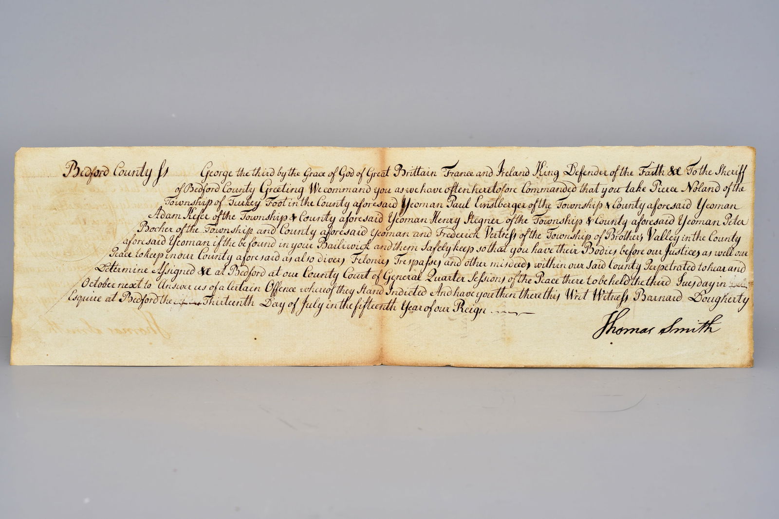 1775 Arrest Warrant Signed by Thomas Smith, Rev. War Colonel (1 of 9)