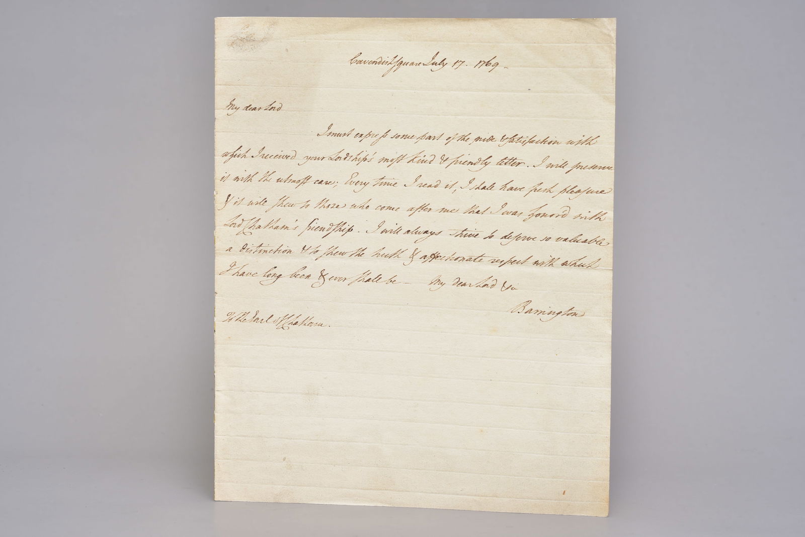 1769 Samuel Barrington Signed Letter to William Pitt, Earl of Chatham (1 of 6)