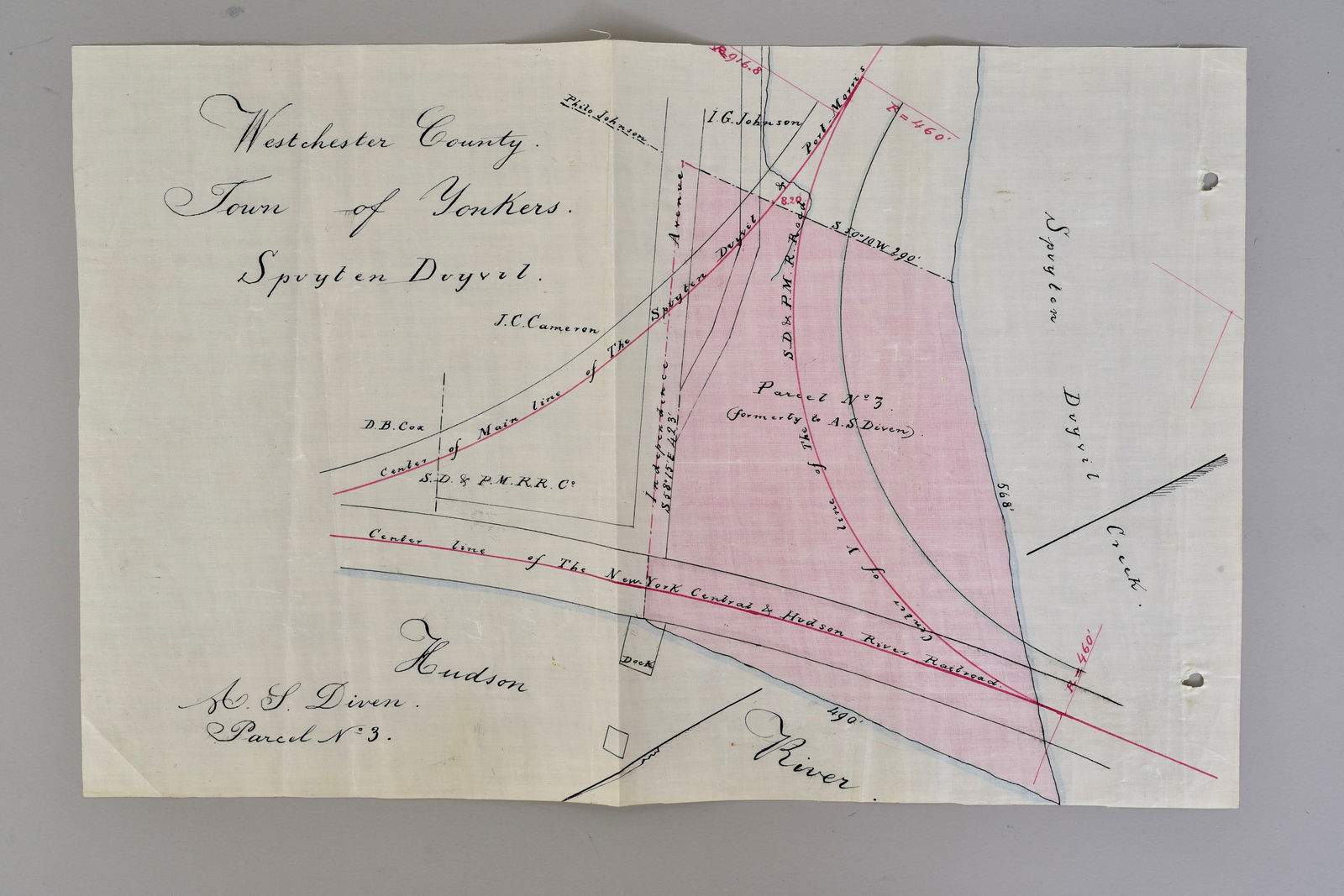 1880 Hand Drawn Linen Map of Yonkers, New York: Dimensions: ALL SHIPPING FOR THIS AUCTION WILL BE HANDLED BY UPS. ALL DOCUMENTS WILL BE PACKAGED IN A NON-BENDABLE ENVELOPE OR BOX. All items will be taken to UPS by the auction house. A copy of your