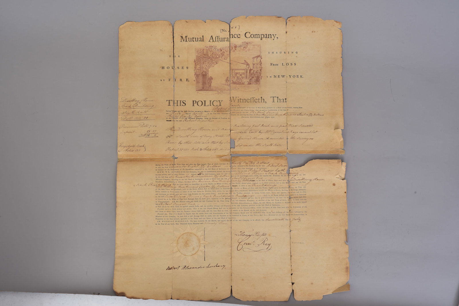 New York Insurance Policy Dated 1793: Mutual Assurance Company of New York City in 1793. It is insuring a dwelling belonging to Robert Snow on Vesey Street from fire. His property was adjoining the property of Cornielius Ray and Sutton or