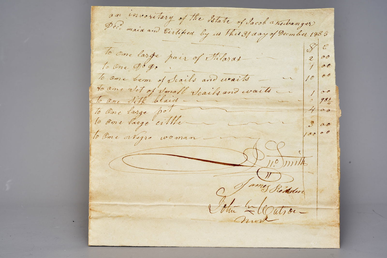 1835 Estate Inventory Document Including Enslaved Woman Listed as Property (1 of 4)