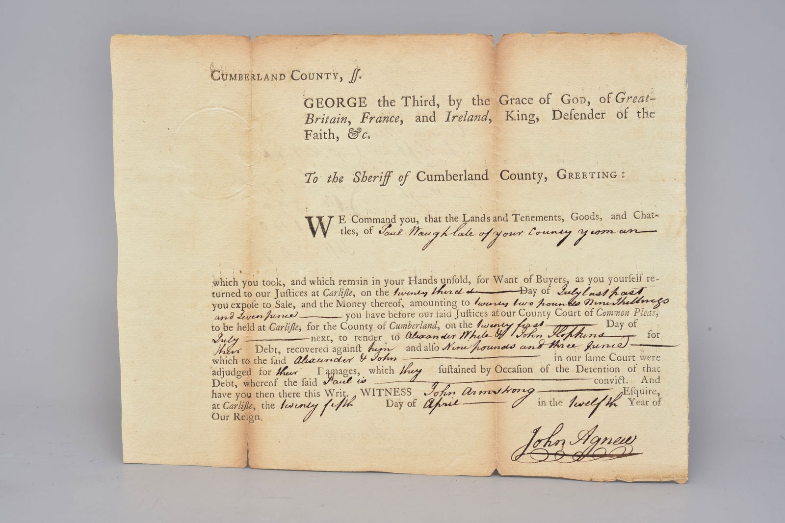 1776 Colonial Pennsylvania Court Writ Signed by Judge John Agnew (1 of 7)