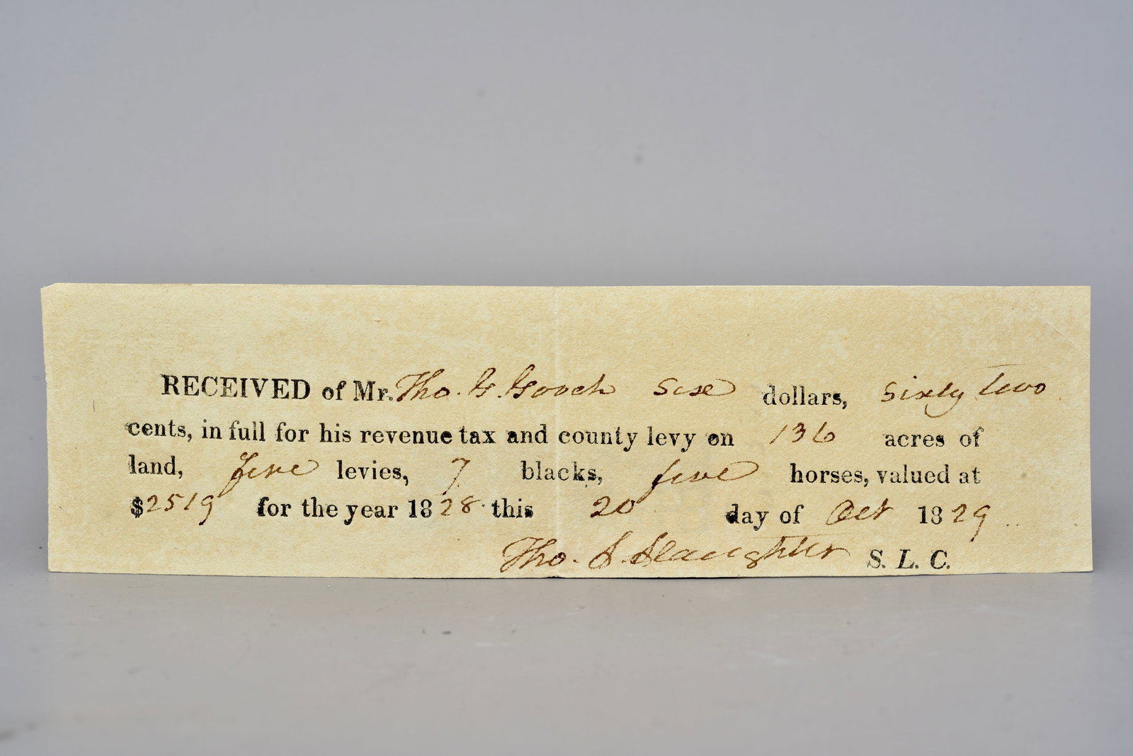 1829 South Carolina Tax Receipt Listing 7 Enslaved Persons and 136 Acres of Land (1 of 3)