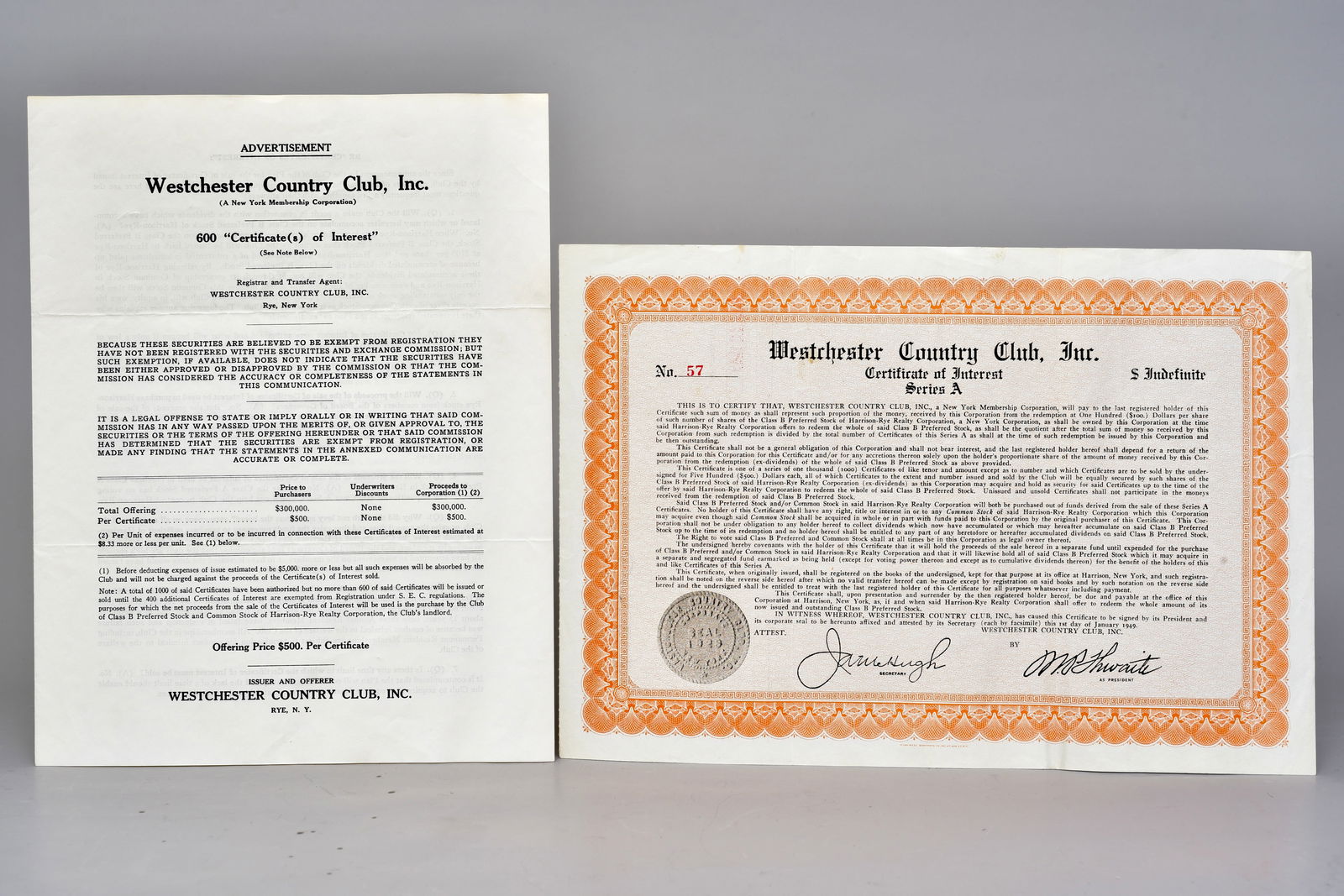 Westchester Country Club, Inc. 1949 Series A Certificate of Interest, No. 57 – Rye, NY (1 of 14)