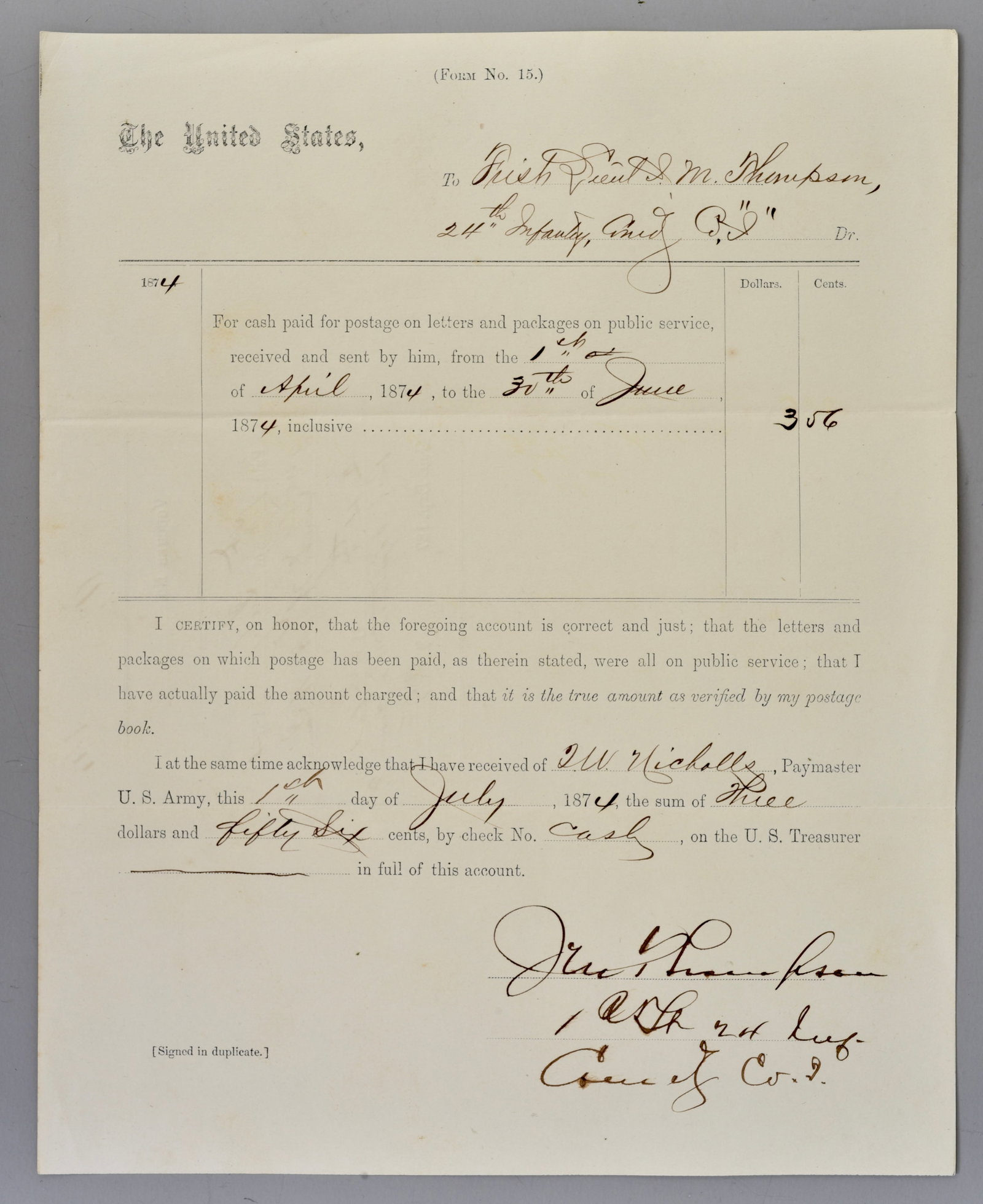 1874 Indian Wars Buffalo Soldier Document (1 of 6)