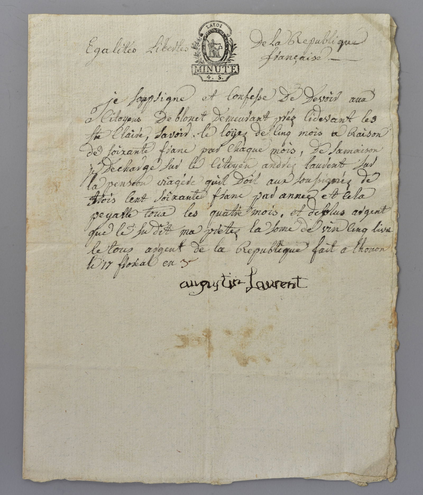 Year III (1795) French IOU For Rent and a Loan (1 of 7)