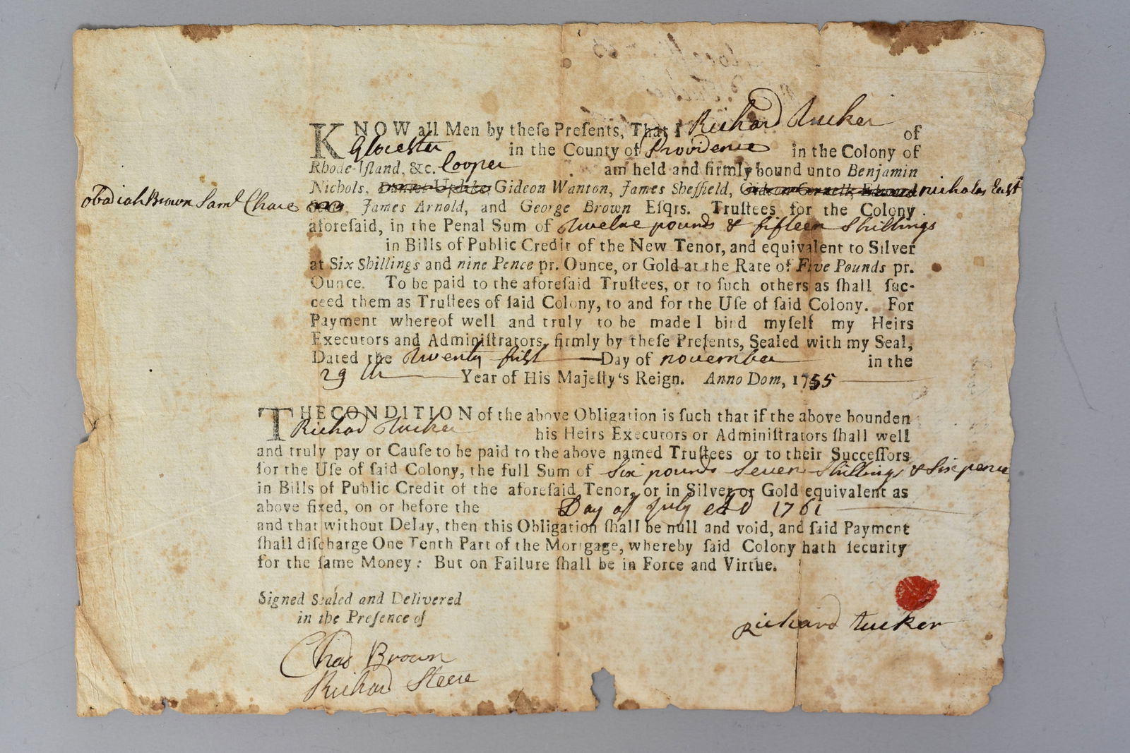 1755 Colonial Providence Bond Signed R. Tucker (1 of 6)