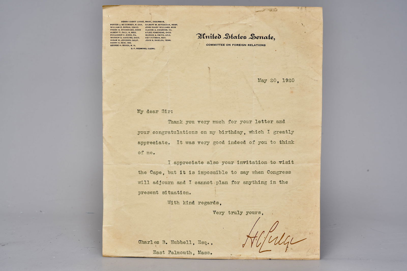 1920 Senator Henry Cabot Lodge Signed Letter (1 of 6)